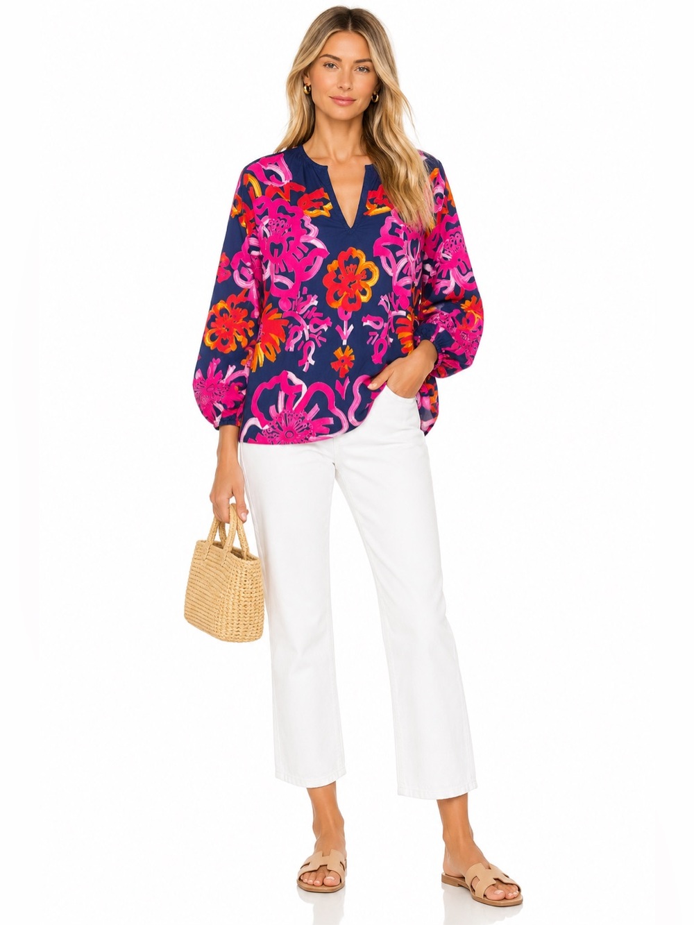 Frances Valentine Floral Cotton Tunic Blouse Medium Navy Pink Orange Boho Resort
